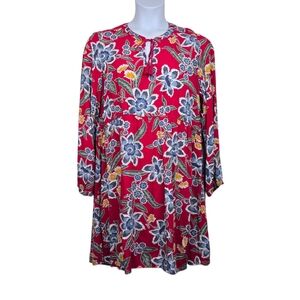 Old Navy Womens Long Sleeve Red Blue Floral Print Tassel Tie Dress Size L NWT